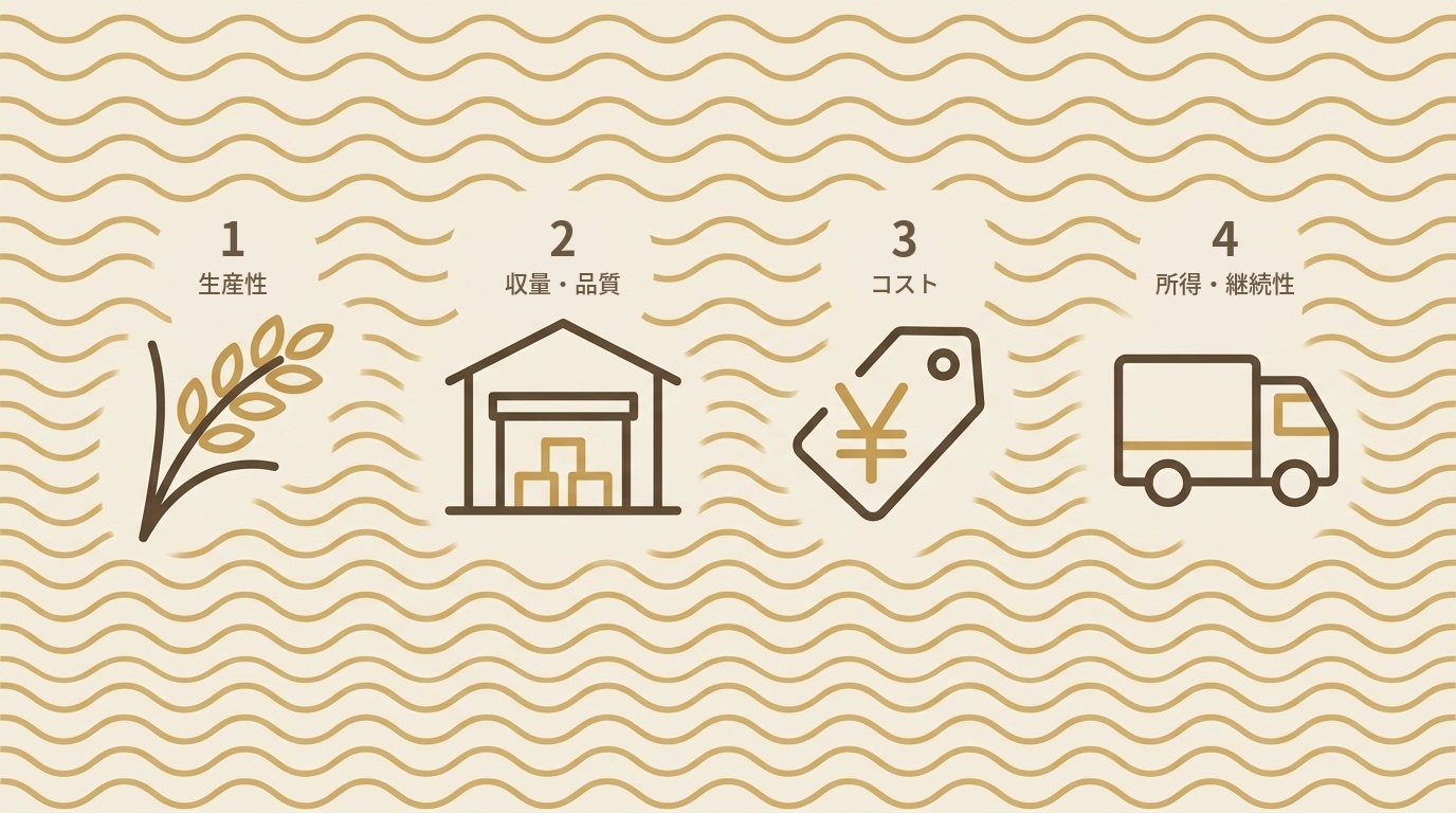 生産能力を確認する4つの数値(生産性・収量・品質・コスト・所得の持続性)を示す図解